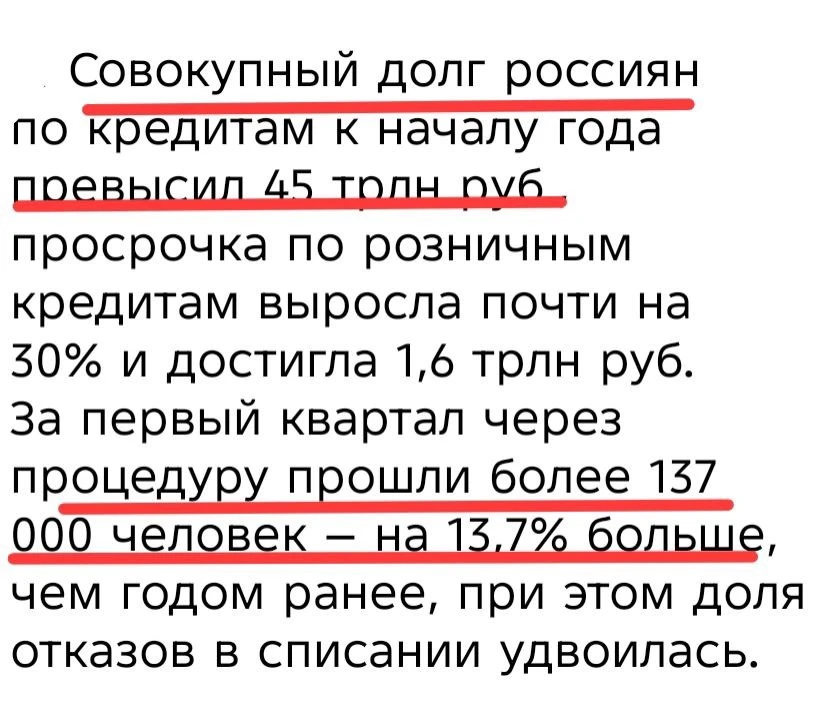 📊 Цифры говорят сами за себя.
Совокупный долг россиян по кредитам уже превысил 45 трлн рублей.
🔹Пр