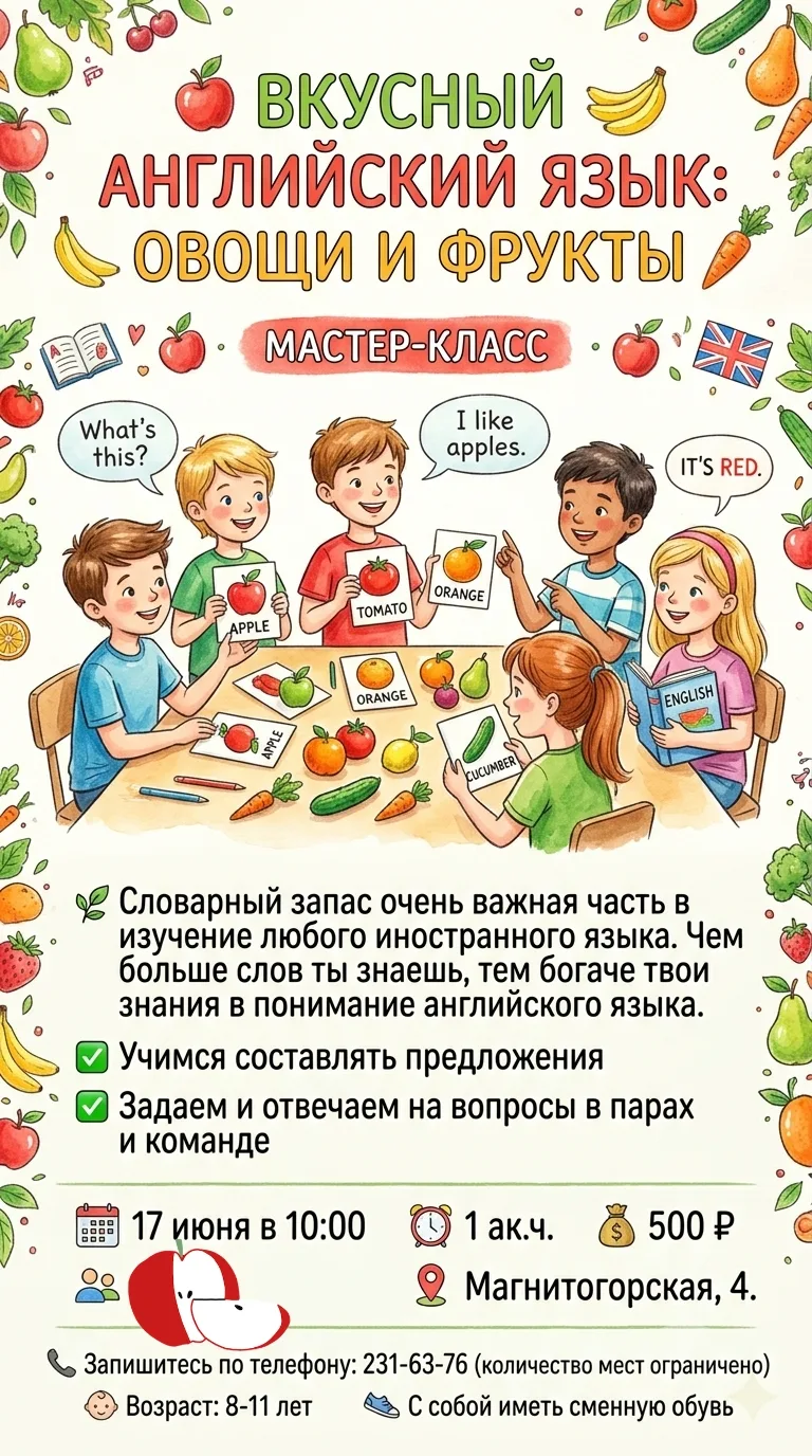 «Вкусный английский язык: овощи и фрукты» 🍎🥕Знаете, почему словарный запас — это суперсила? Чем бо