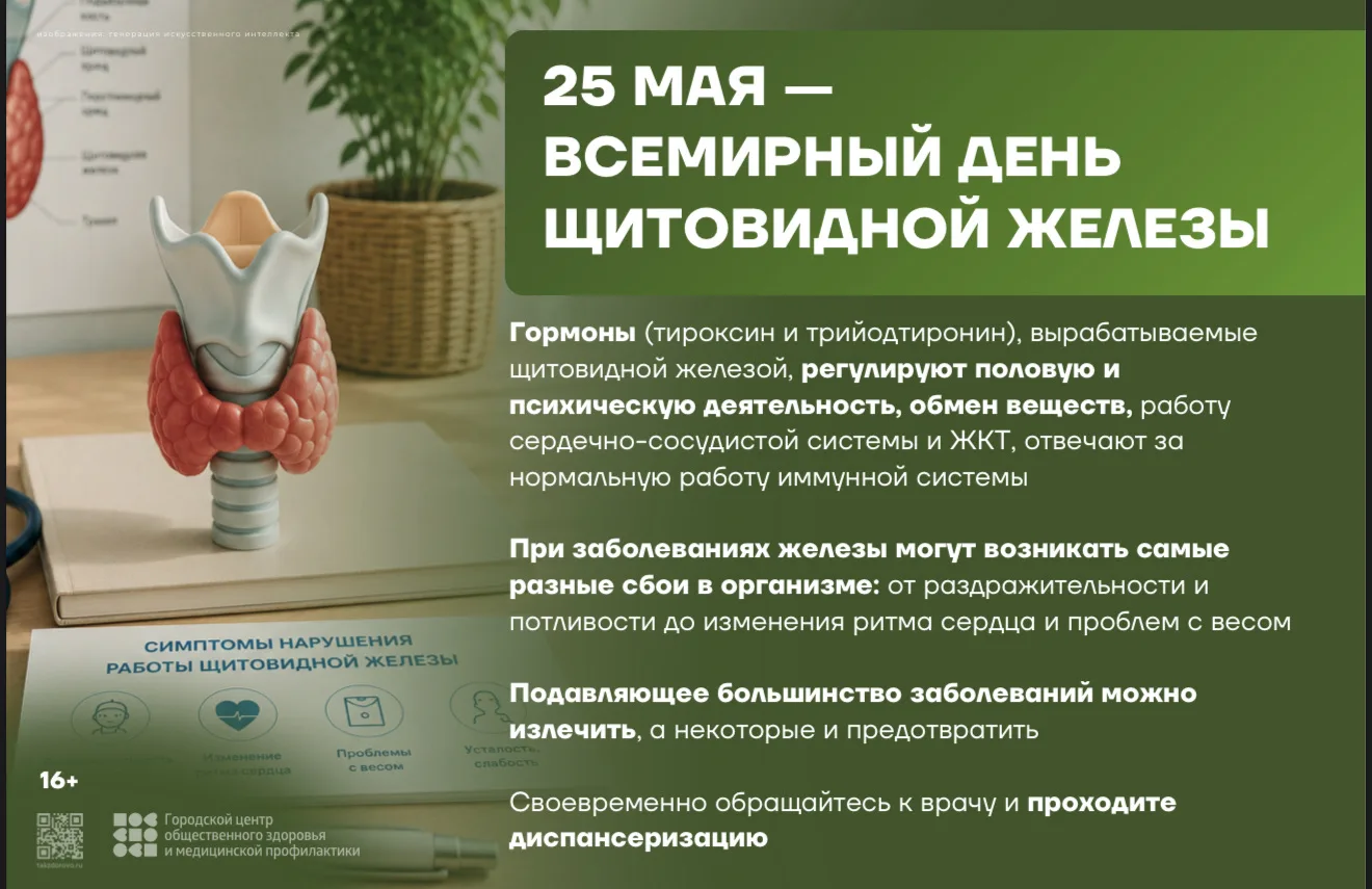 25 МАЯ - ВСЕМИРНЫЙ ДЕНЬ ЩИТОВИДНОЙ ЖЕЛЕЗЫ

Гормоны (тироксин и трийодтиронин), вырабатываемые щитови