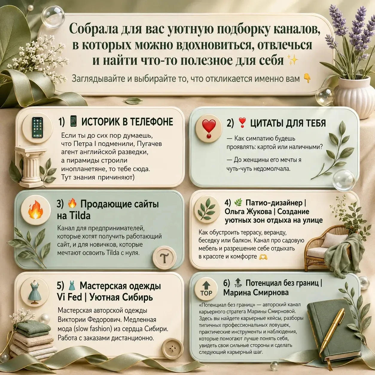 Собрала для вас уютную подборку каналов, в которых можно вдохновиться, отвлечься и найти что-то поле