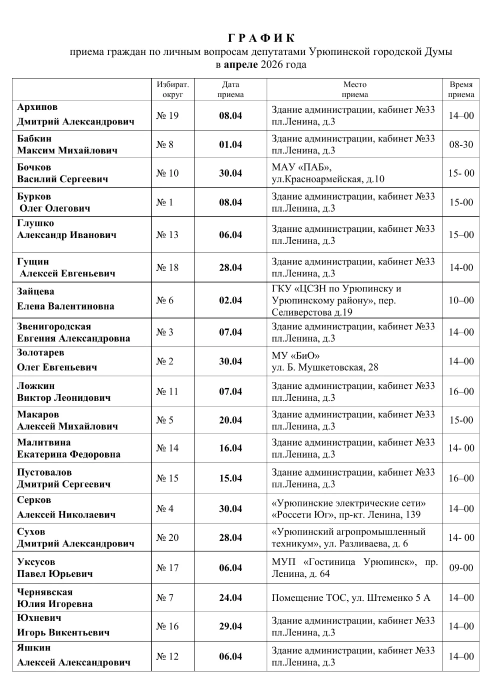 📌График приёма граждан по личным вопросам депутатами Урюпинской городской Думы в апреле