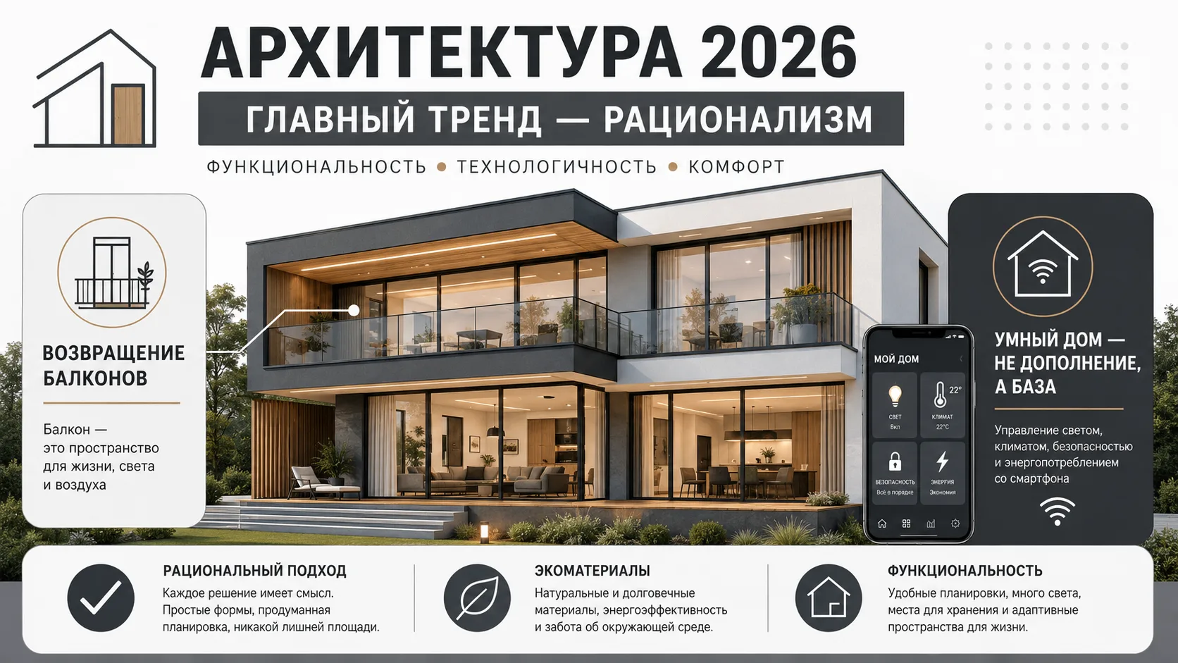 АРХИТЕКТУРНЫЕ ТРЕНДЫ 2026: ЧТО СТРОЯТ СЕЙЧАС
Архитектура 2026 года — это отказ от кричащей роскоши в