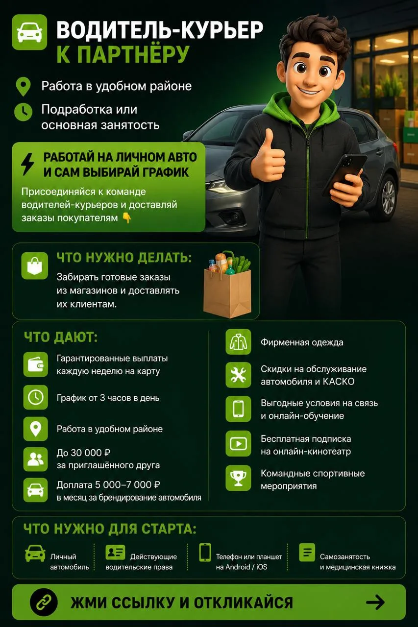🚗 ВОДИТЕЛЬ-КУРЬЕР К ПАРТНЁРУ КУПЕР
📍 Работа в удобном районе
⏱ Подработка или основная занятость

