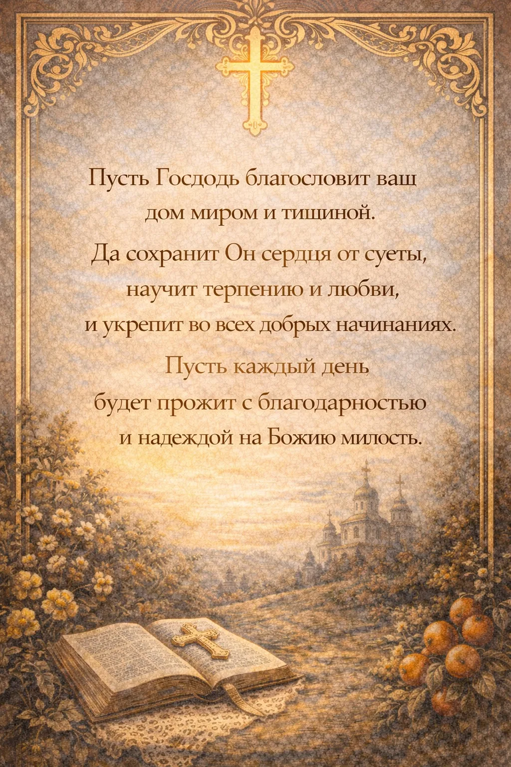 Пусть Господь благословит ваш дом
миром и тишиной.

Да сохранит Он сердца от суеты,
научит терпению 