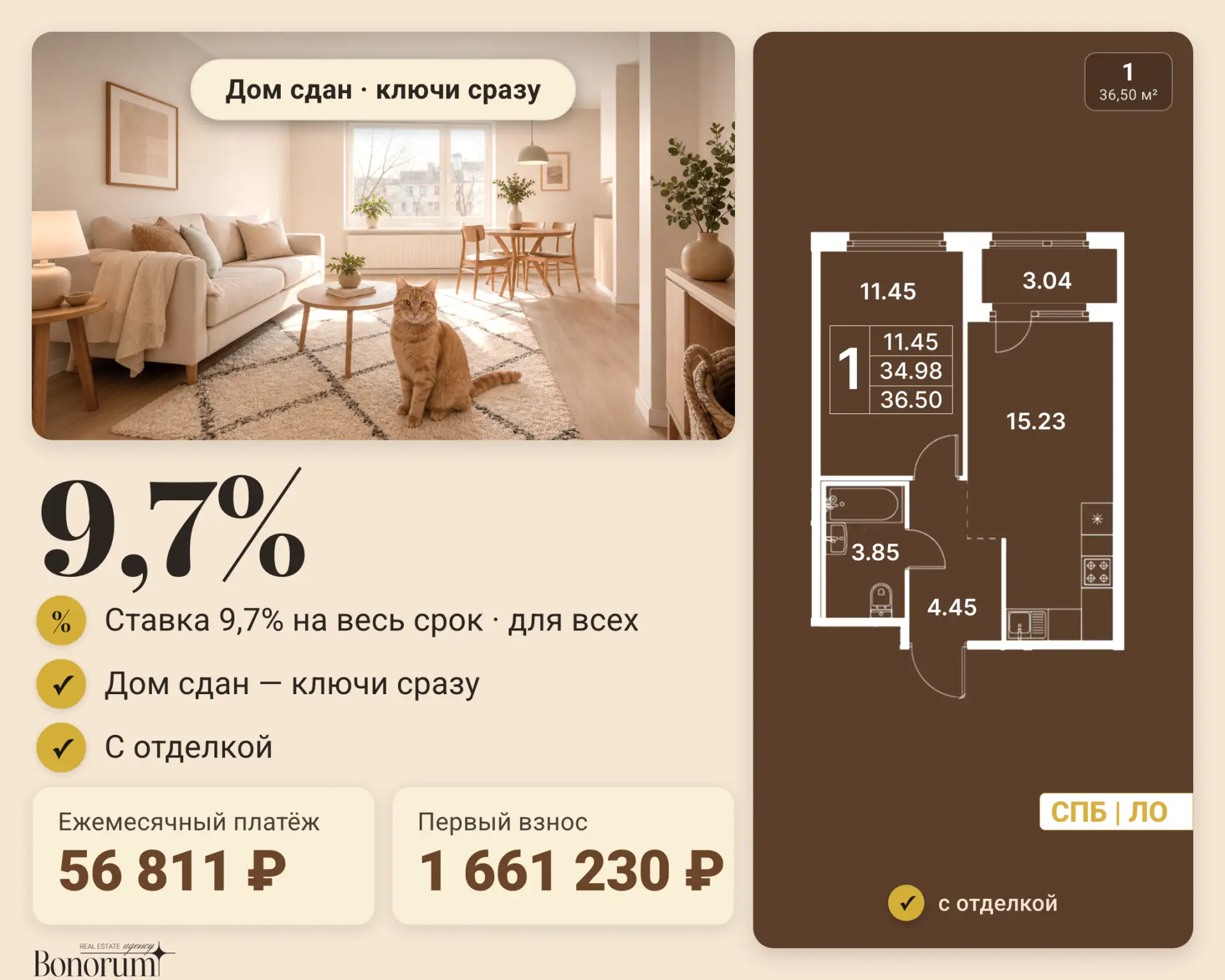 Ставка для всех  9,7% на весь срок, дом уже сдан, ключи сразу.

Если хотите купить первую квартиру и