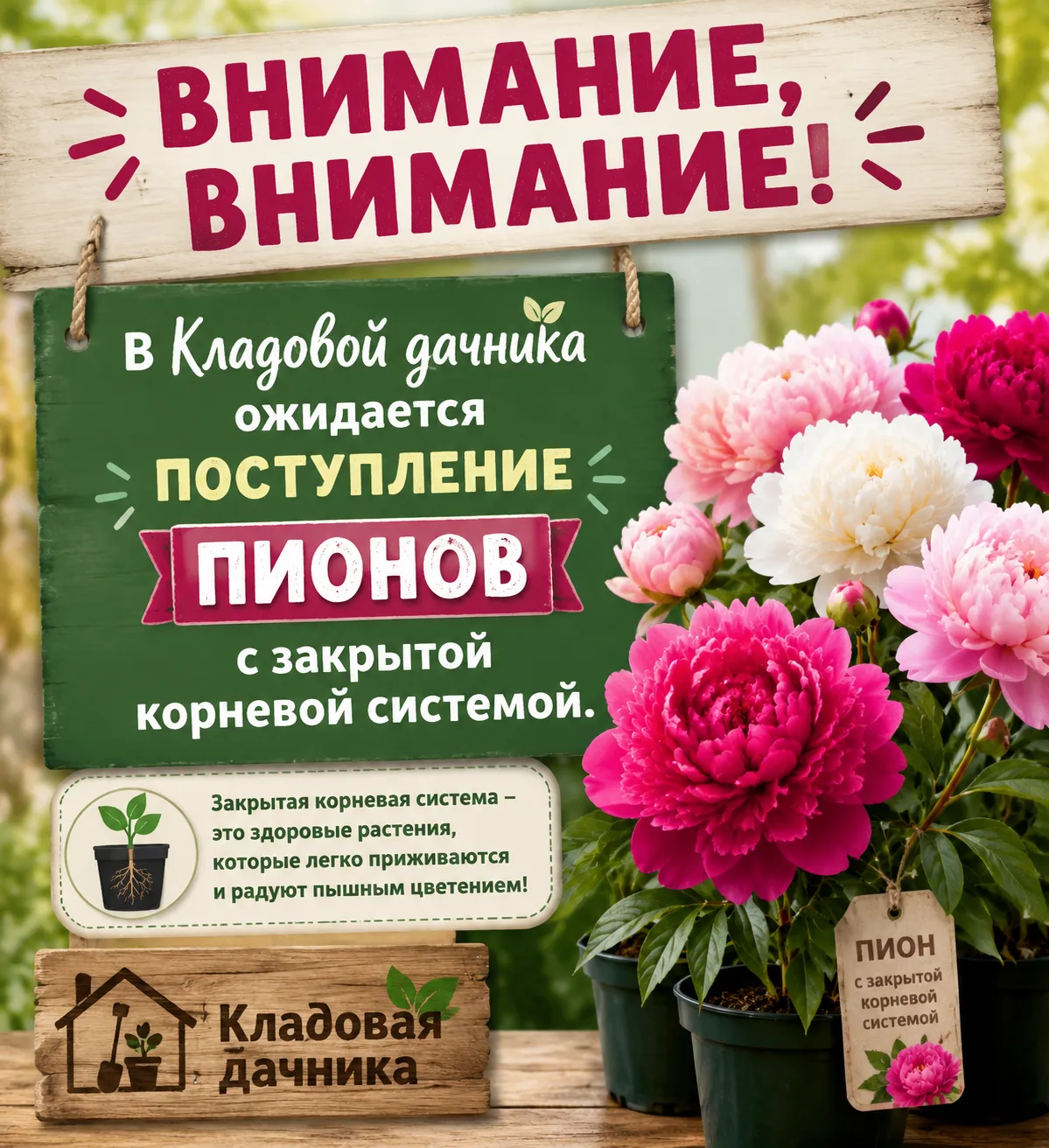 Внимание, внимание! 
У нас ожидается поступление пионов с закрытой корневой системой. Количество огр