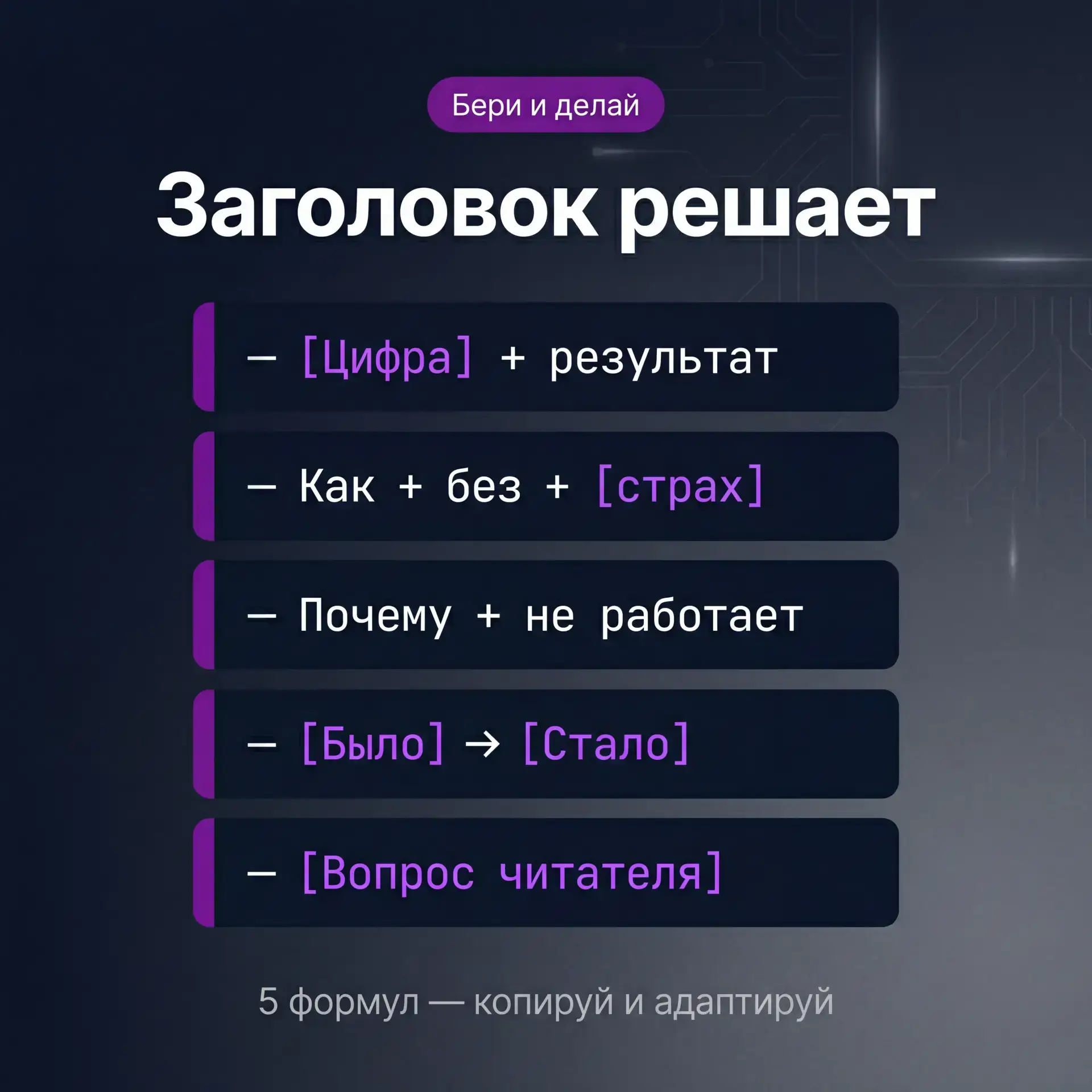 5 формул заголовков, которые цепляют

Заголовок — 80% успеха поста.
Не зацепил в первой строке — дал