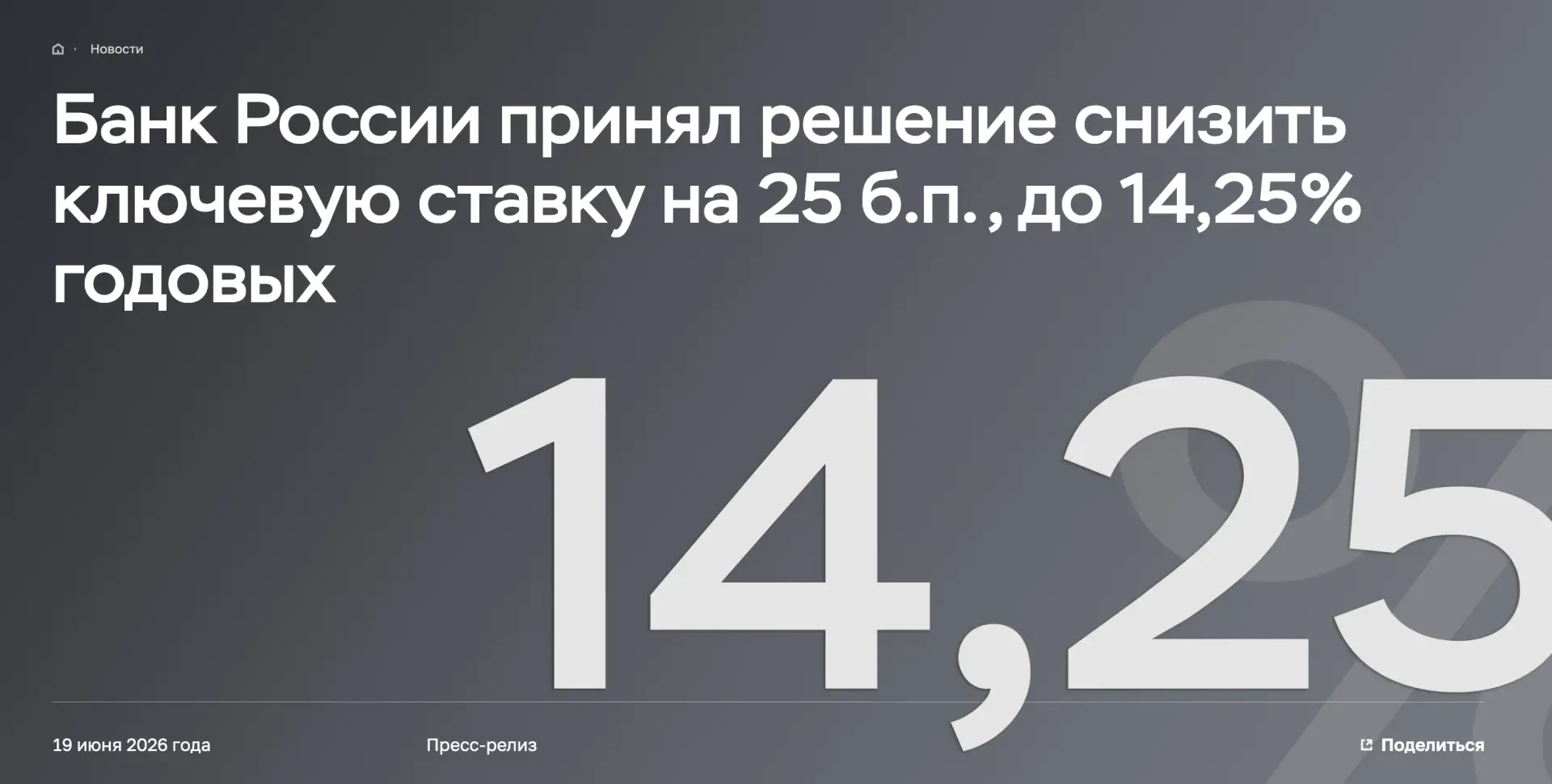 Ключевая ставка — 14,25% годовых

Сегодня Банк России принял решение снизить ключевую ставку на 25 б