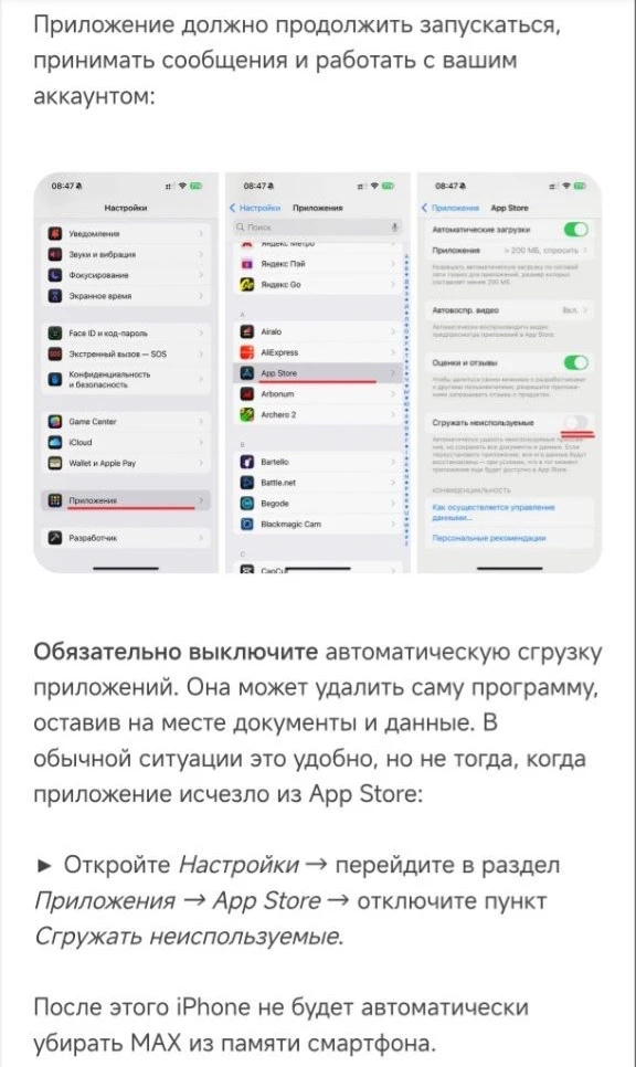 Чтобы приложение Max не слетело на айфоне