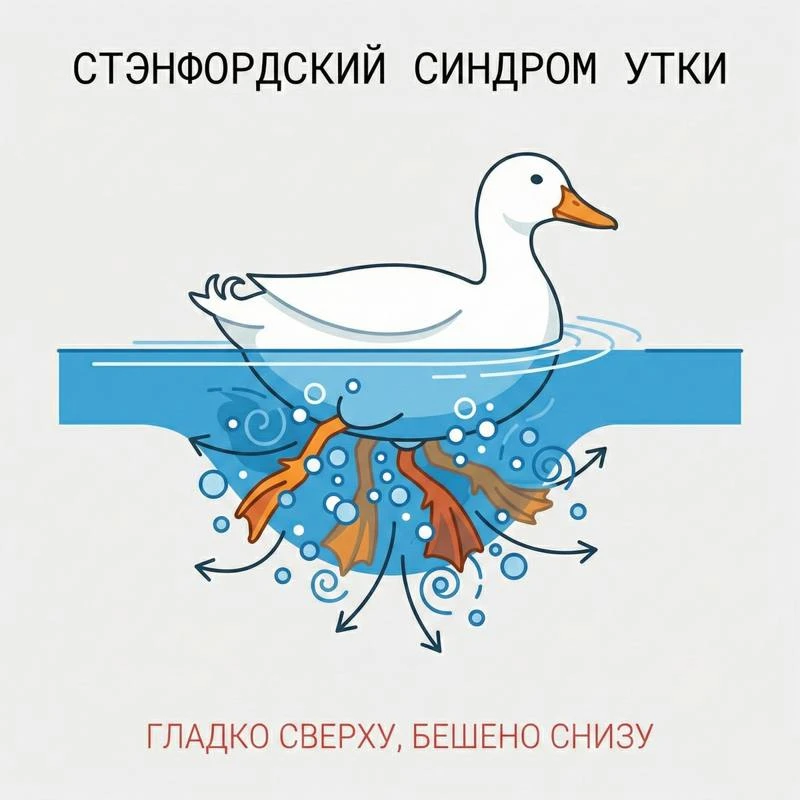 Стэнфордский СИНДРОМ УТКИ.
Как мы прячем лапки под воду

Сверху — спокойствие и грация.
Под водой — 