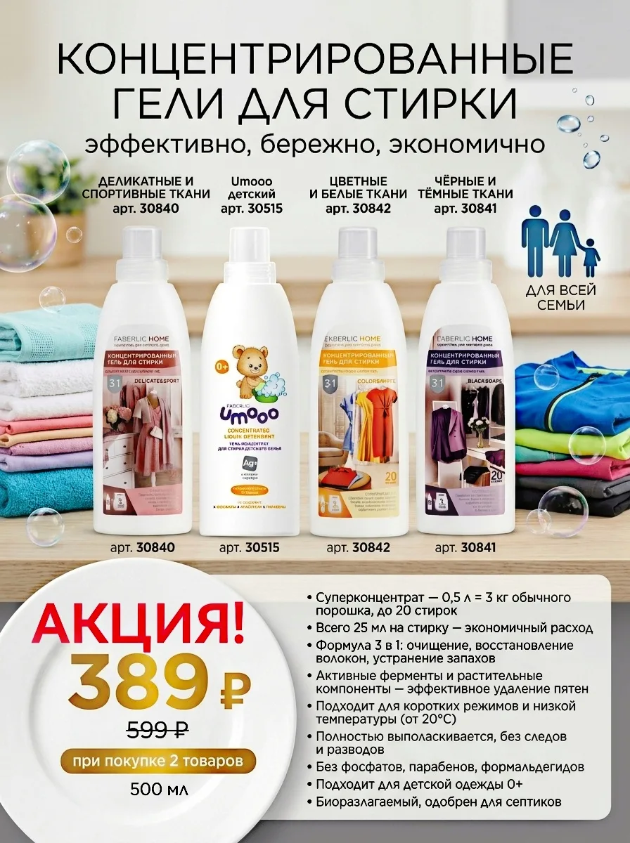 🧺💪 Концентрированные гели Faberlic Home – профессиональный уход за любыми тканями.
Суперконцентрат