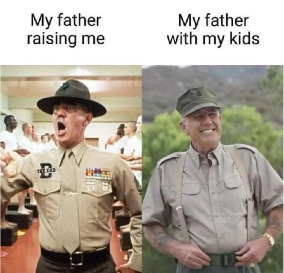 1) My father raising me
2) My father with my kids

to raise [ˈreɪz] - воспитывать;

1) Мой отец восп