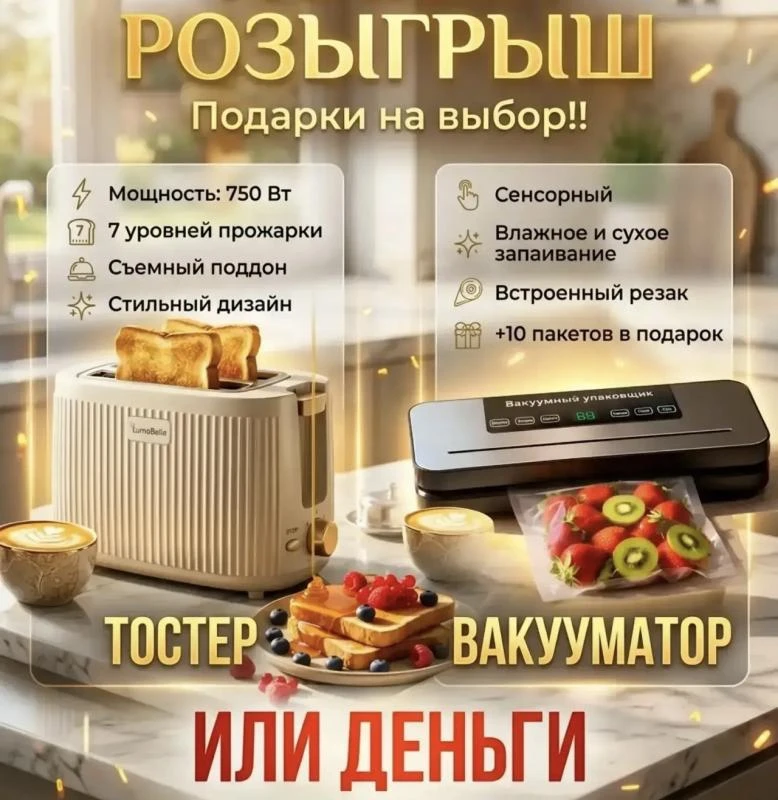 ДАРИМ ТОСТЕР ИЛИ ВАКУУМАТОР ❤️✨ Или денежный приз

Условия для участия:
1. Подписаться на наши канал