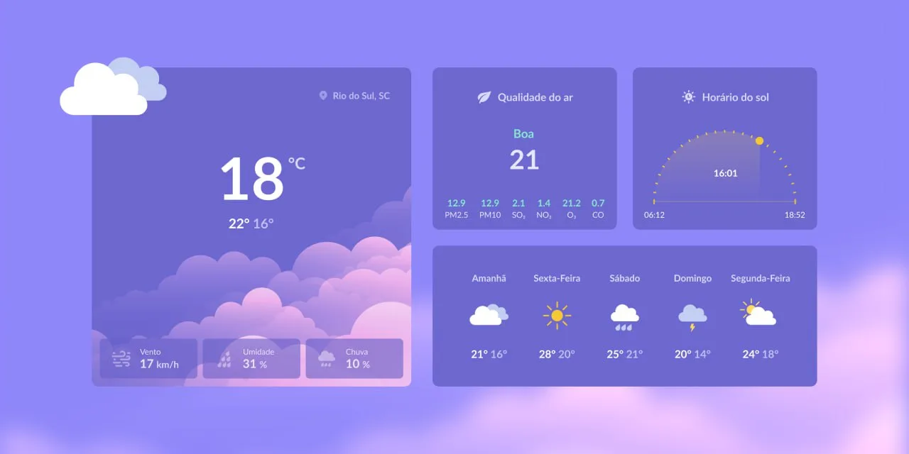 🖥 BoraCodar – дизайн приложения для определения погоды, выполненный в сиренево-синих тонах. Внимани