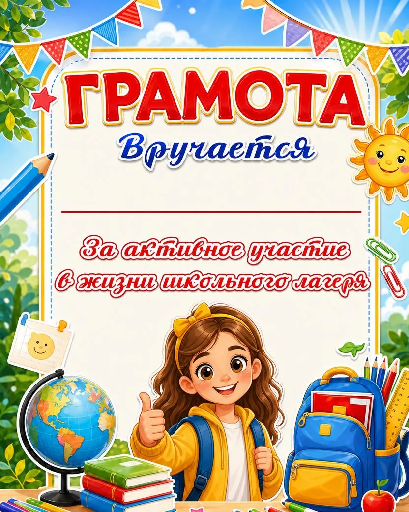 Грамота для школьного лагеря 🌞

Яркая грамота за активное участие в жизни школьного лагеря — отличн