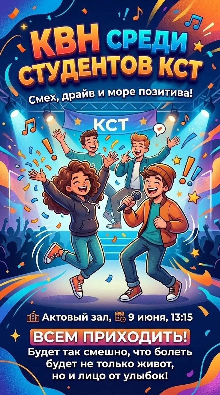 🎉 Завтра — тот самый день! 🎉

Завтра состоится долгожданное мероприятие КВН — море юмора, шквал ап