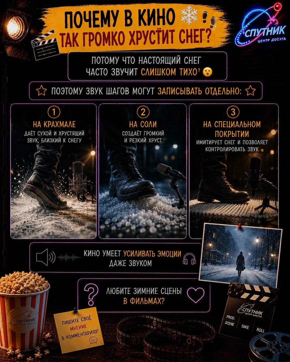 🎬 ПОЧЕМУ В КИНО ТАК ГРОМКО ХРУСТИТ СНЕГ? ❄️👣

Потому что настоящий снег часто звучит слишком тихо 