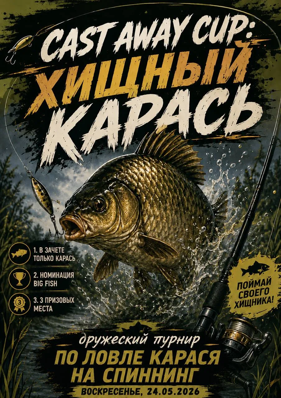 24 мая
🏅 CastAway Cup: ХИЩНЫЙ КАРАСЬ - дружеский турнир по ловле рыбы на спиннинг (мормышинг)

• г.