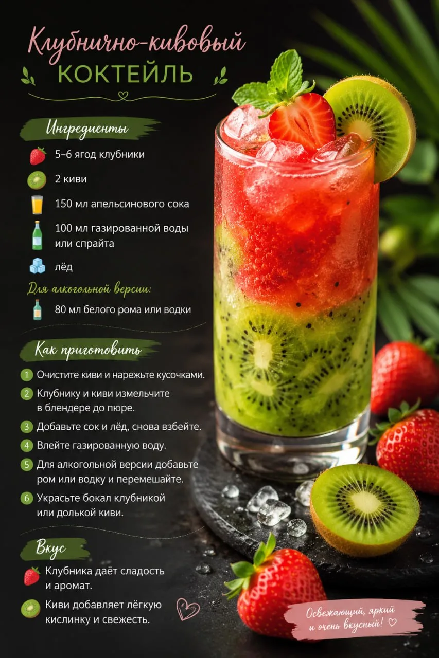 🍓🥝 Клубнично-кивовый коктейль 🍹✨

🛒 Ингредиенты

🍓 5–6 ягод клубники
🥝 2 киви
🧃 150 мл апельс