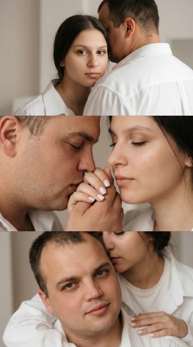 A vertical triptych of three horizontal panels. The image depicts a man and a woman in a close emoti