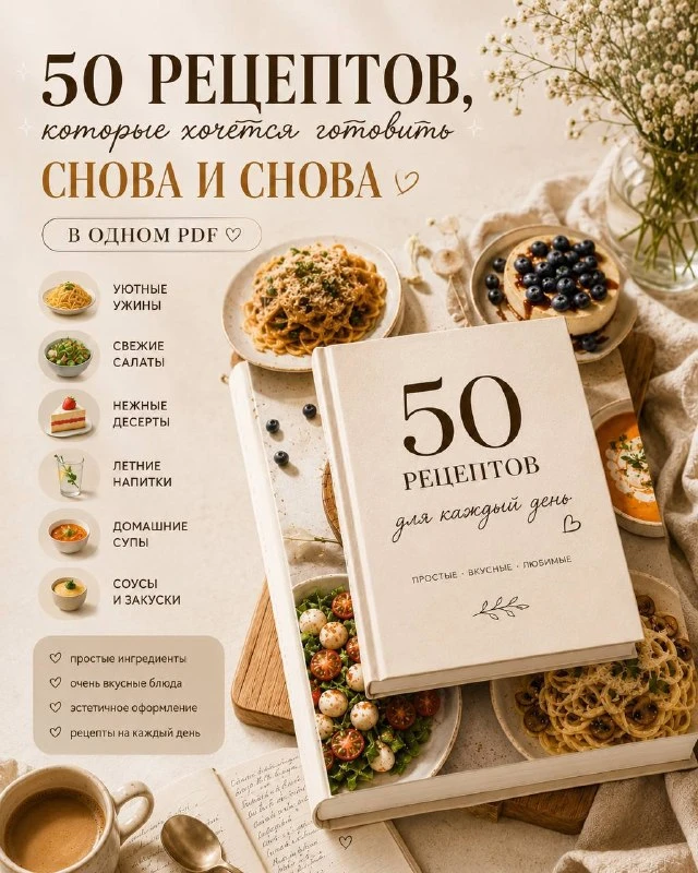 50 простых и вкусных рецептов на каждый день
Идеи для завтрака, обеда и ужина 🍳

Ингредиенты (на ка