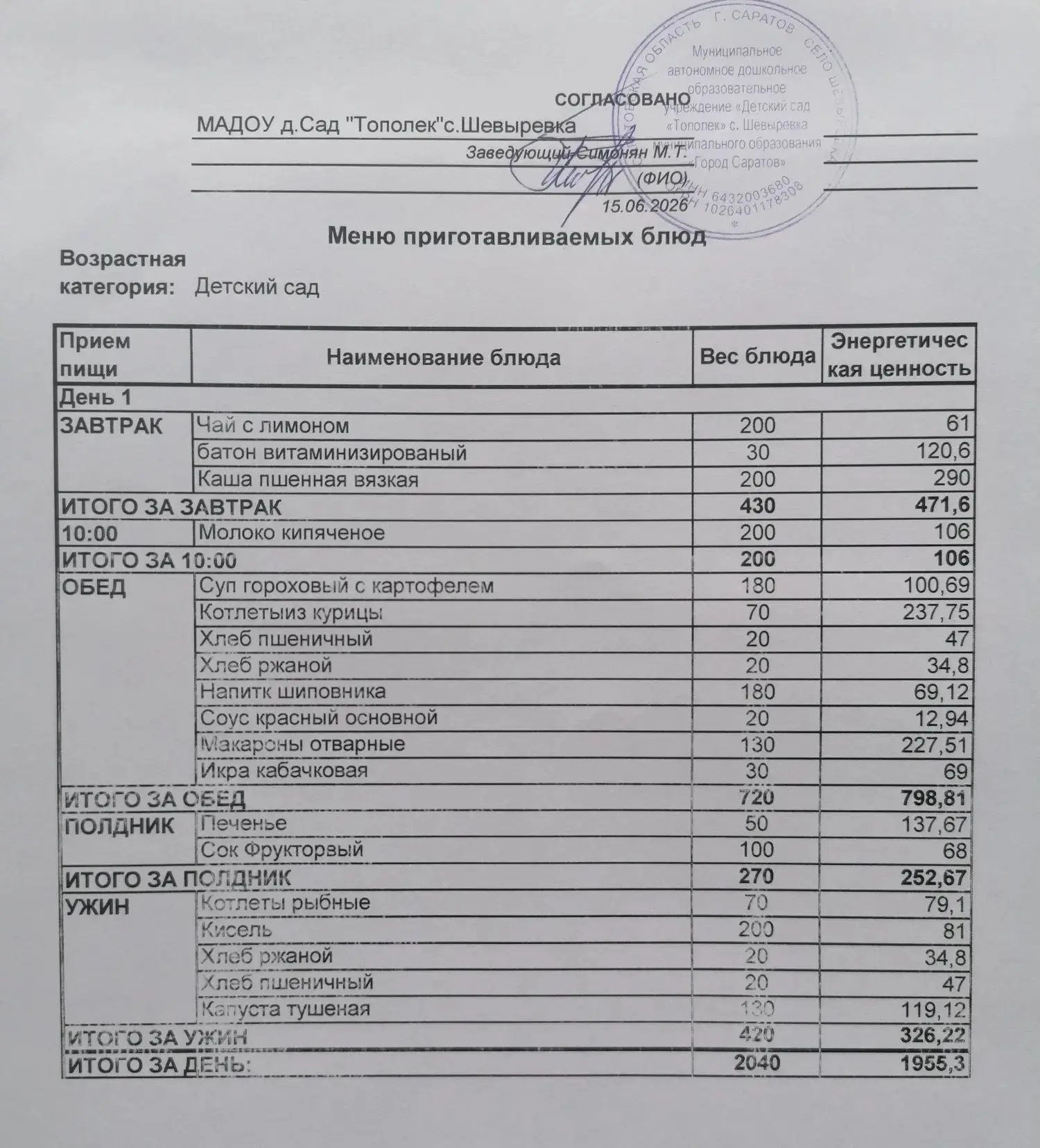 Меню на 15.06.2026
