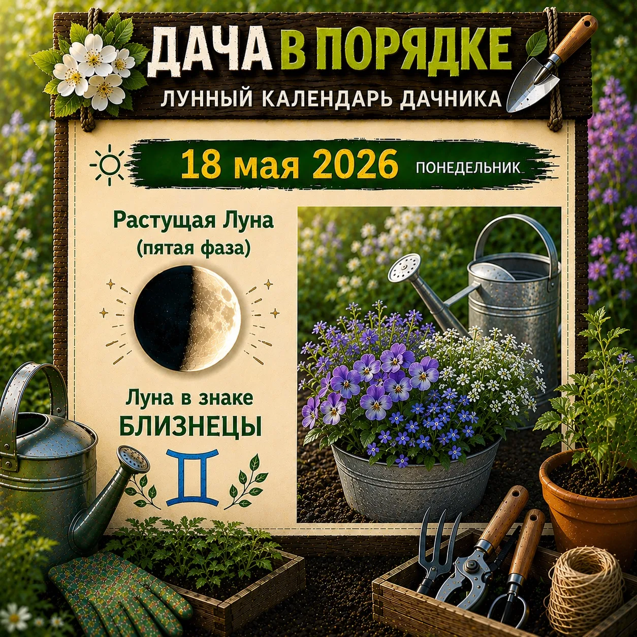 18 мая, понедельник 
 🌒 Растущая Луна в Близнецах♊️

Близнецы – малоплодородный знак. Растения, пос