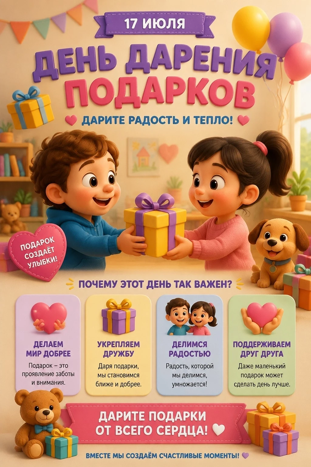 День дарения подарков — это интернациональный праздник, который отмечается ежегодно 17 июля. Его сут