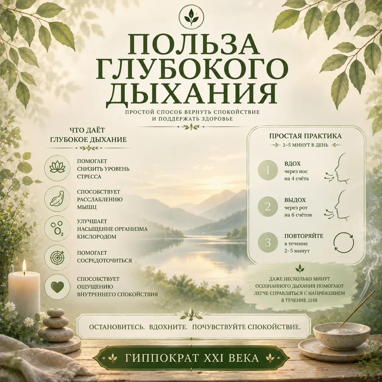 🌿 Польза глубокого дыхания

Мы редко замечаем, как дышим. Но несколько минут спокойного глубокого д