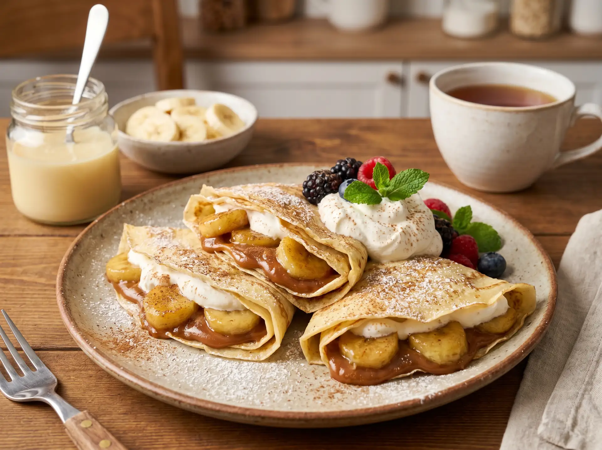 Блинчики с начинкой из бананов, сгущёнки и сливок 🥞🍌🥛

Ингредиенты:  
- яйца 🥚 — 2 шт.;  
- саха