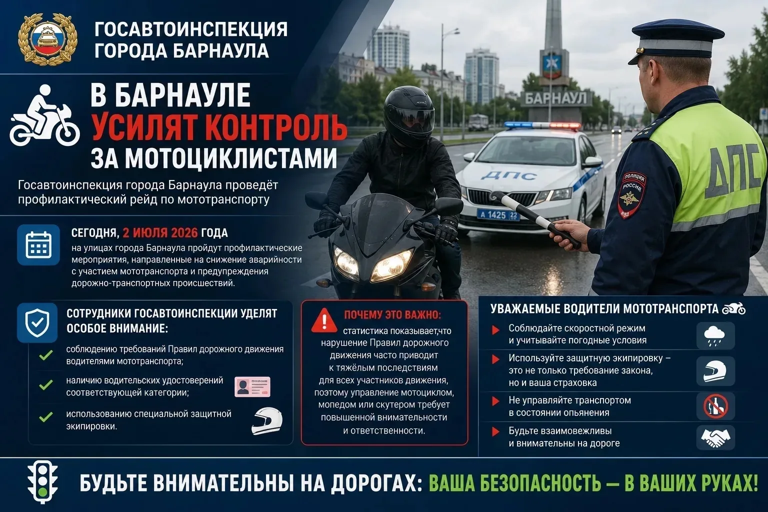 🚔В Барнауле усилят контроль за мотоциклистами: Госавтоинспекция города Барнаула проведёт профилакти