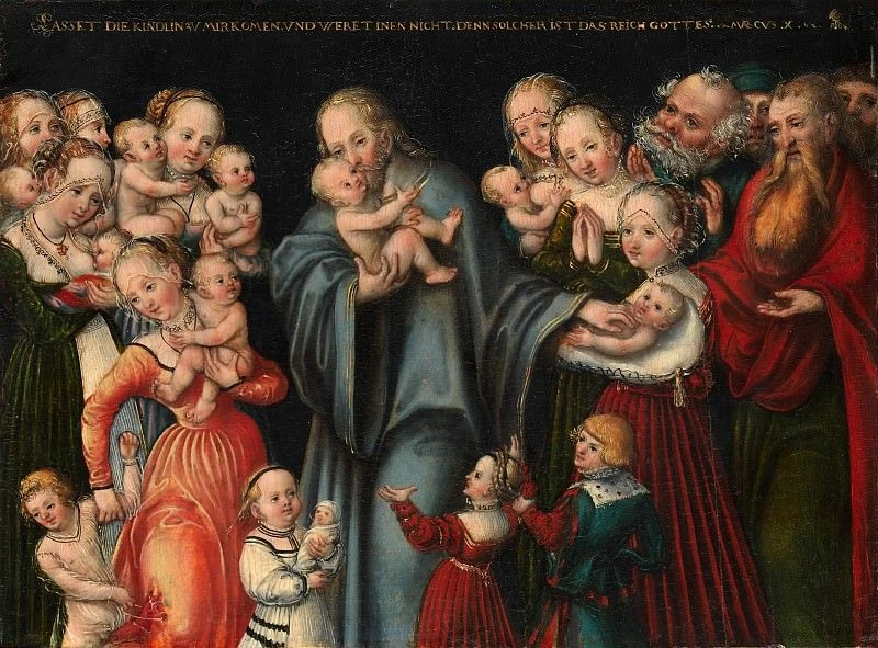✝️ «Христос благословляет детей»
Лукас Кранах Младший (Lucas Cranach the Younger, середина 1540-х)
М