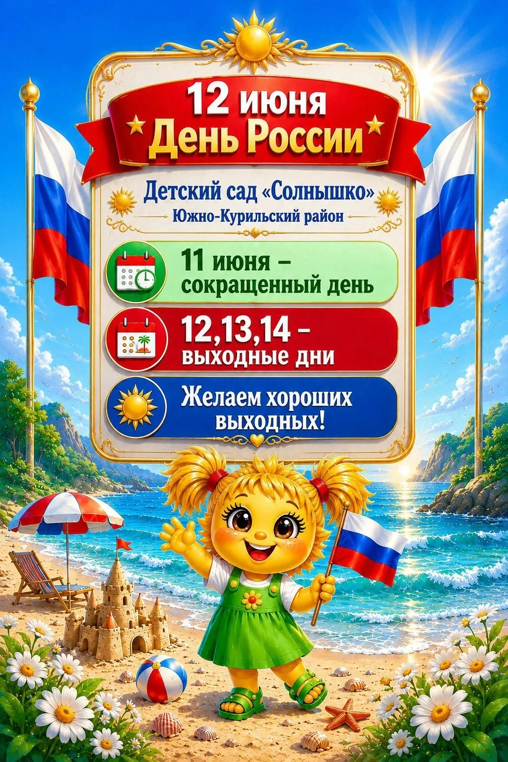 Уважаемые родители! 
👋 С наступающим Днём России!🇷🇺  Ура!

От всей души поздравляем вас с нашим г