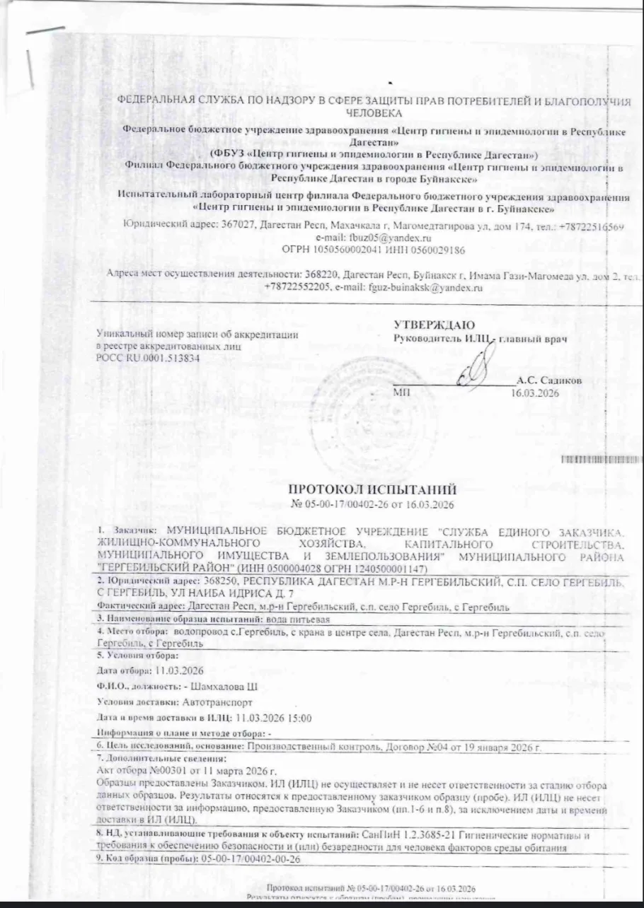 Протокол испытаний воды.