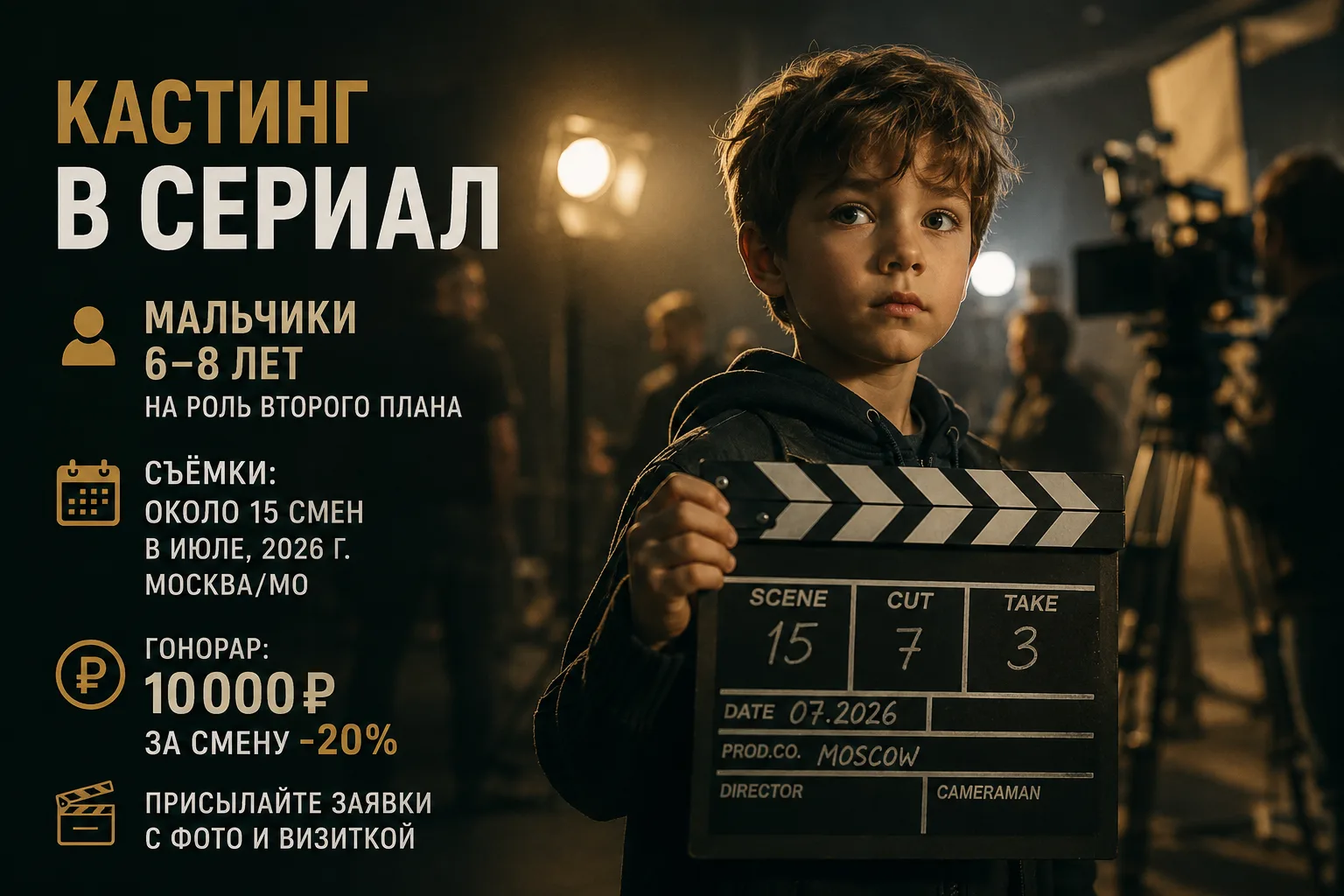 🎬 КАСТИНГ | МОСКВА / МО

Для съёмок нового сериала ищем:

👦 Мальчиков 6–8 лет на роль второго план