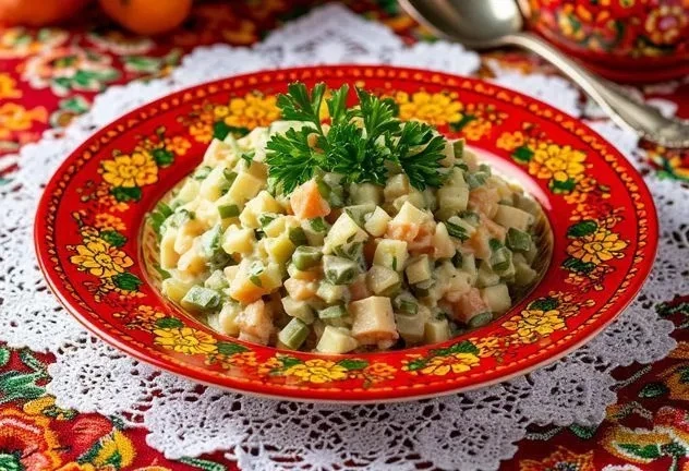 Русская кухня!
Салат оливье классический.
В 1930-х годах шеф-повар ресторана «Москва» Иван Михайлови