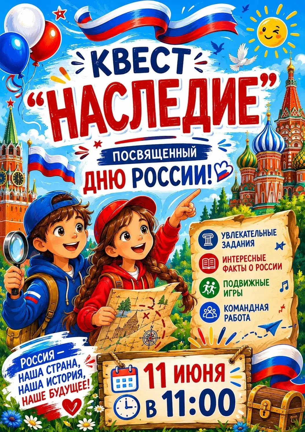 ⁣
 КВЕСТ «НАСЛЕДИЕ» 
Посвящённый Дню России! 🤍⁣
🗓️ 11 июня | ⏰ в 11:00
⁣
 Что вас ждёт:
 🇷🇺Интер