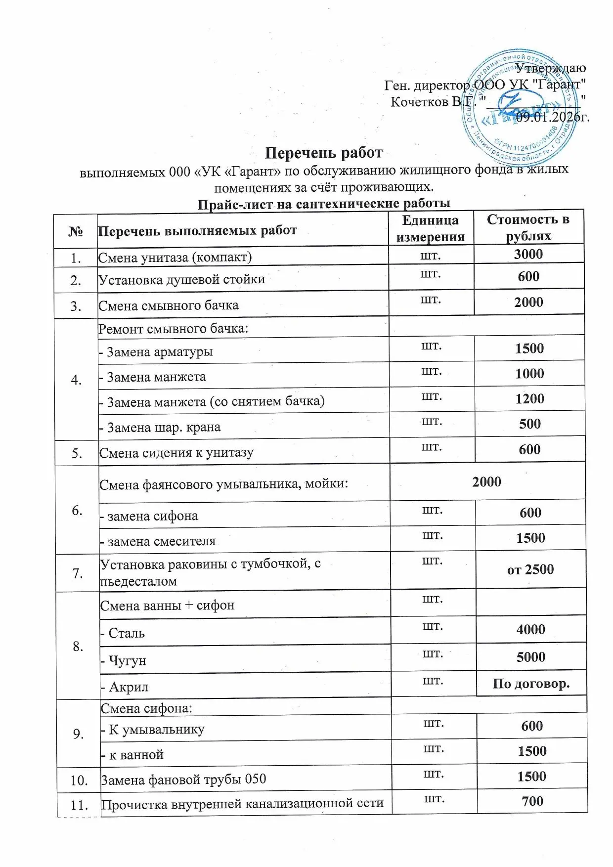 Прайс-лист на сантехнические и электромонтажные работы 2026г.