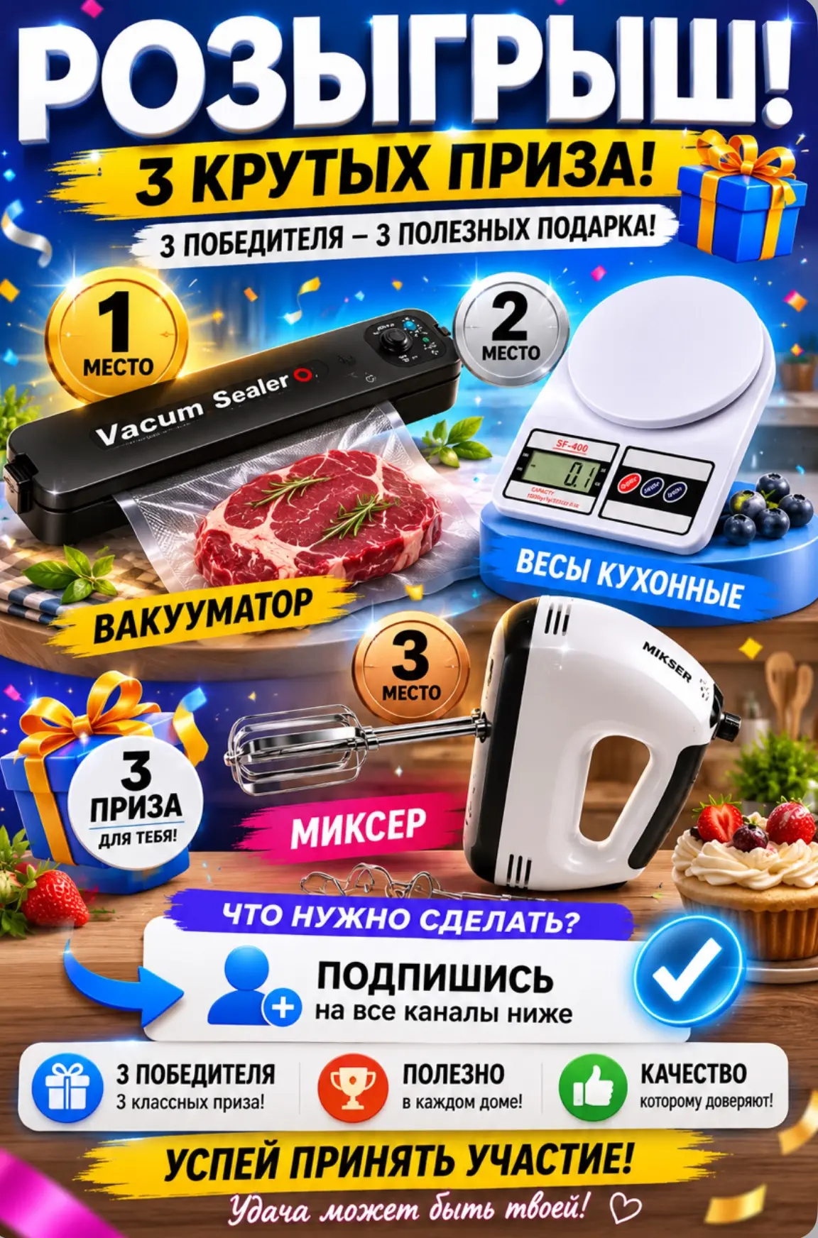 🔥 РОЗЫГРЫШ 🔥 
​
Будет 3 победителя: 
​
• первое место вакууматор
• второе место весы кухонные 
• т