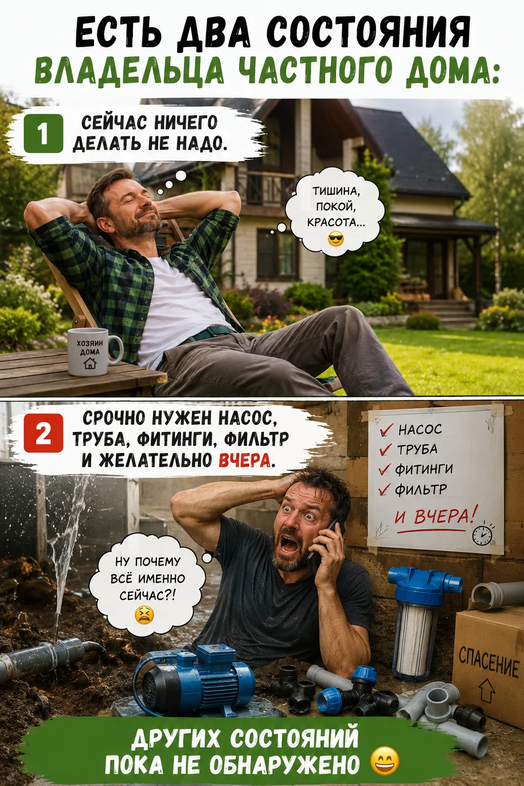 Есть два состояния владельца частного дома:

1️⃣ Сейчас ничего делать не надо.

2️⃣ Срочно нужен нас