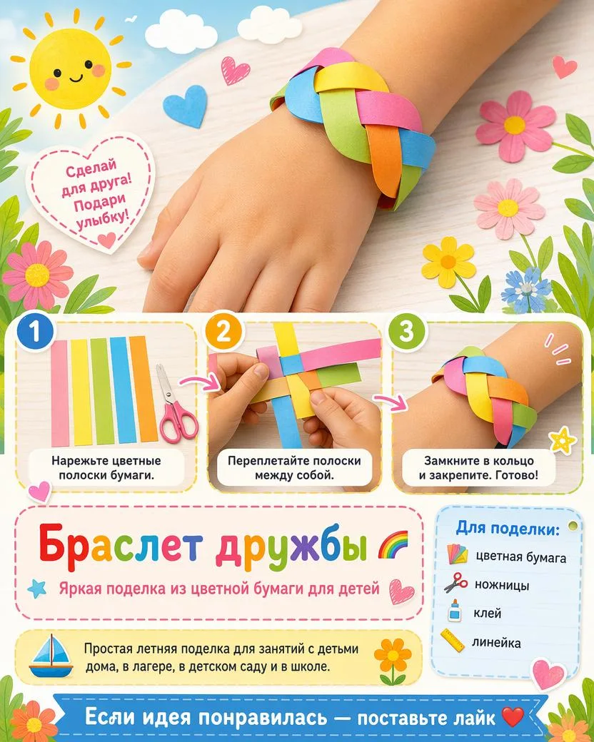 Браслет дружбы 🌈

Яркая поделка из цветной бумаги для занятий с детьми дома, в лагере, в детском са