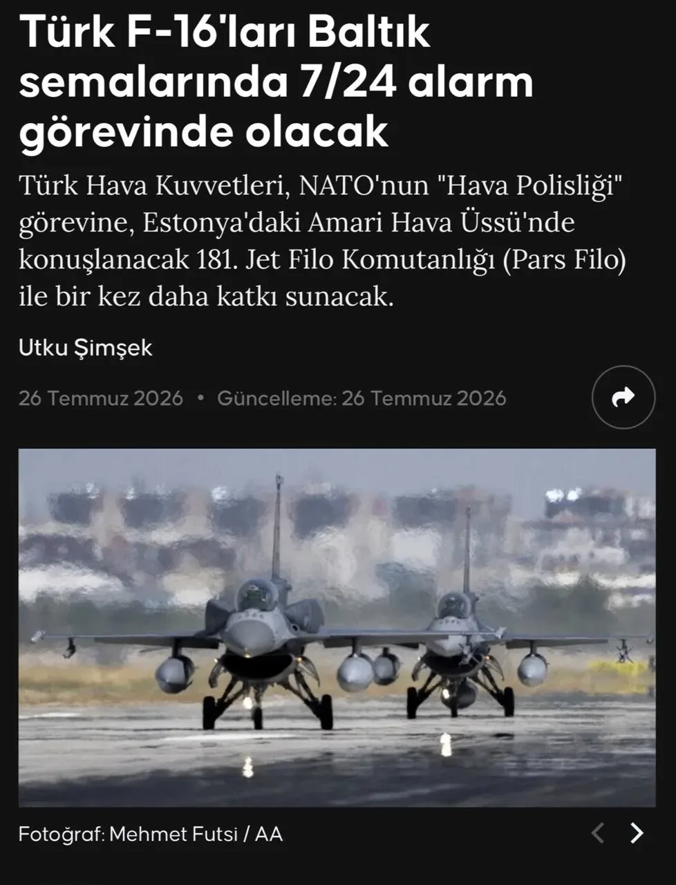 🇹🇷#Turkey Турецкие F-16 начнут круглосуточное патрулирование над Балтикой

💬 Пять турецких истреб