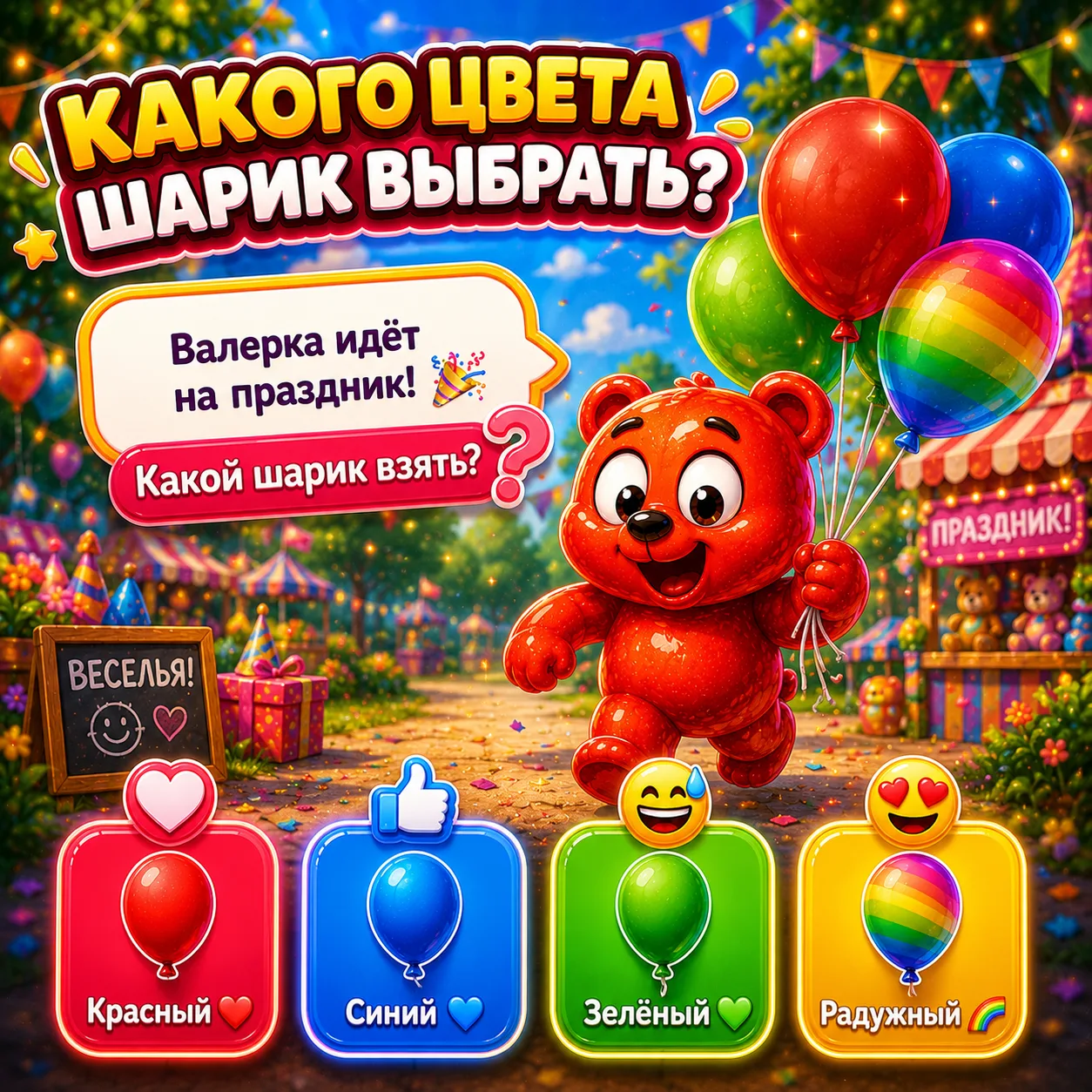 🎈🐻 Какого цвета шарик выбрать?

Валерка идёт на праздник!

Какой шарик взять?

❤️ — Красный ❤️
👍 