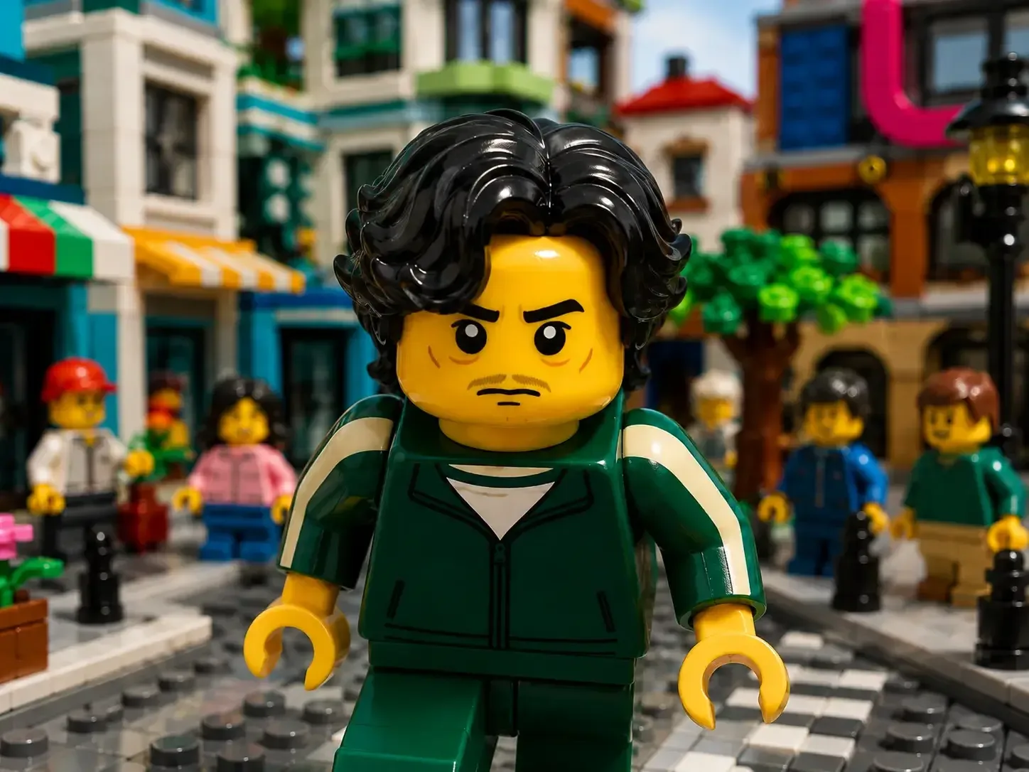 Lego-фигурка по исходнику: пластиковая фактура, блочный город, игрушечный персонаж и сходство через 
