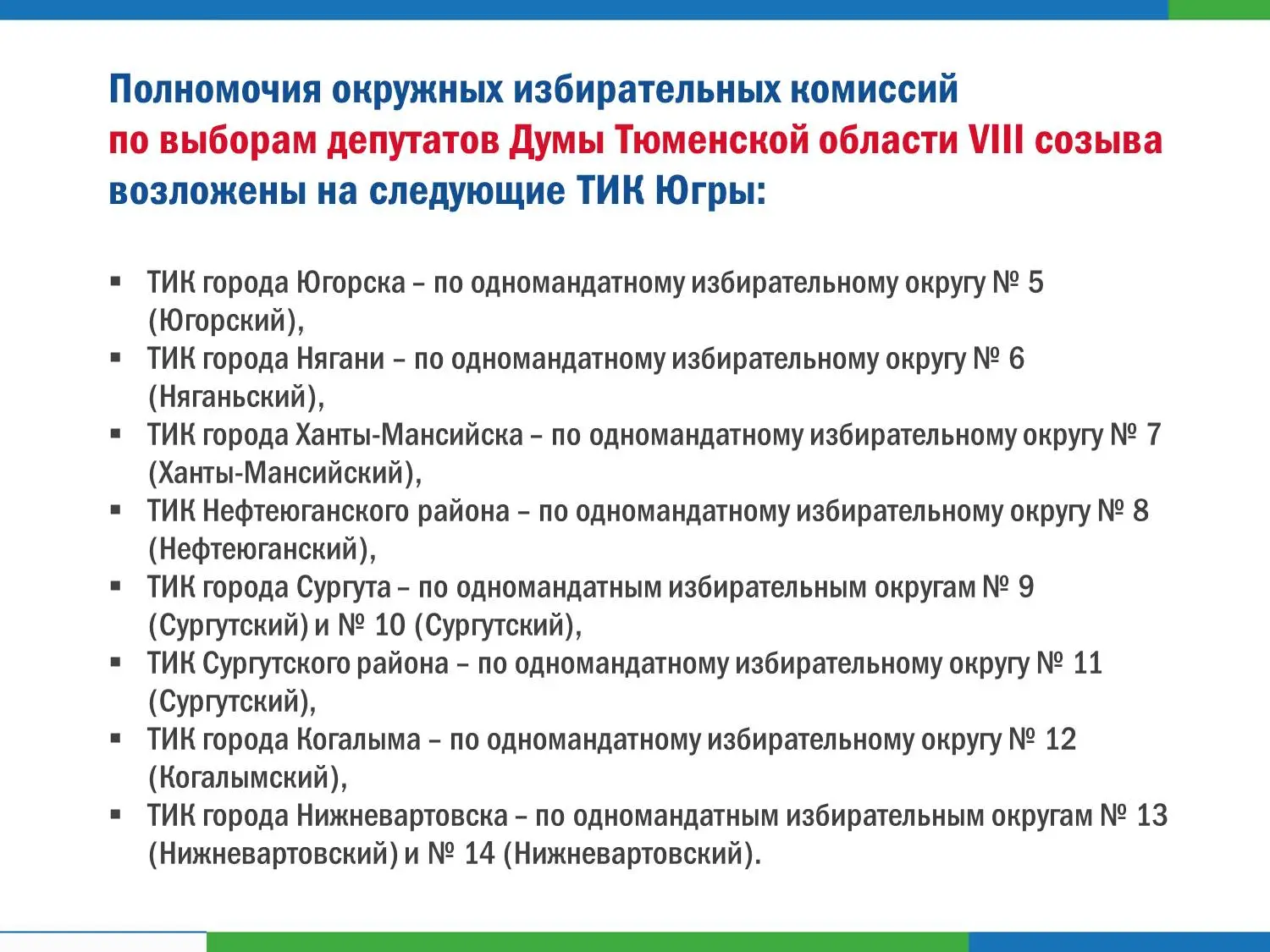 8 территориальных избиркомов Югры будут осуществлять полномочия окружных избирательных комиссий по в