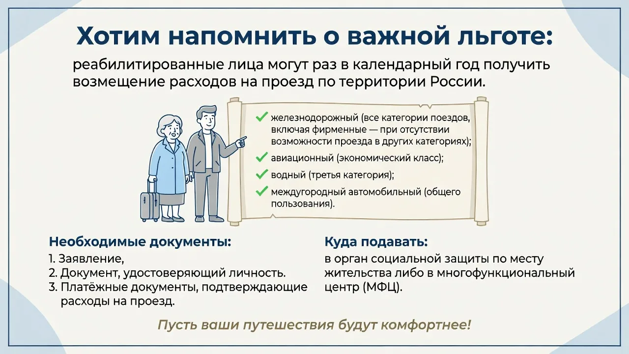📌 Хотим напомнить о важной льготе: реабилитированные лица могут раз в календарный год получить возм