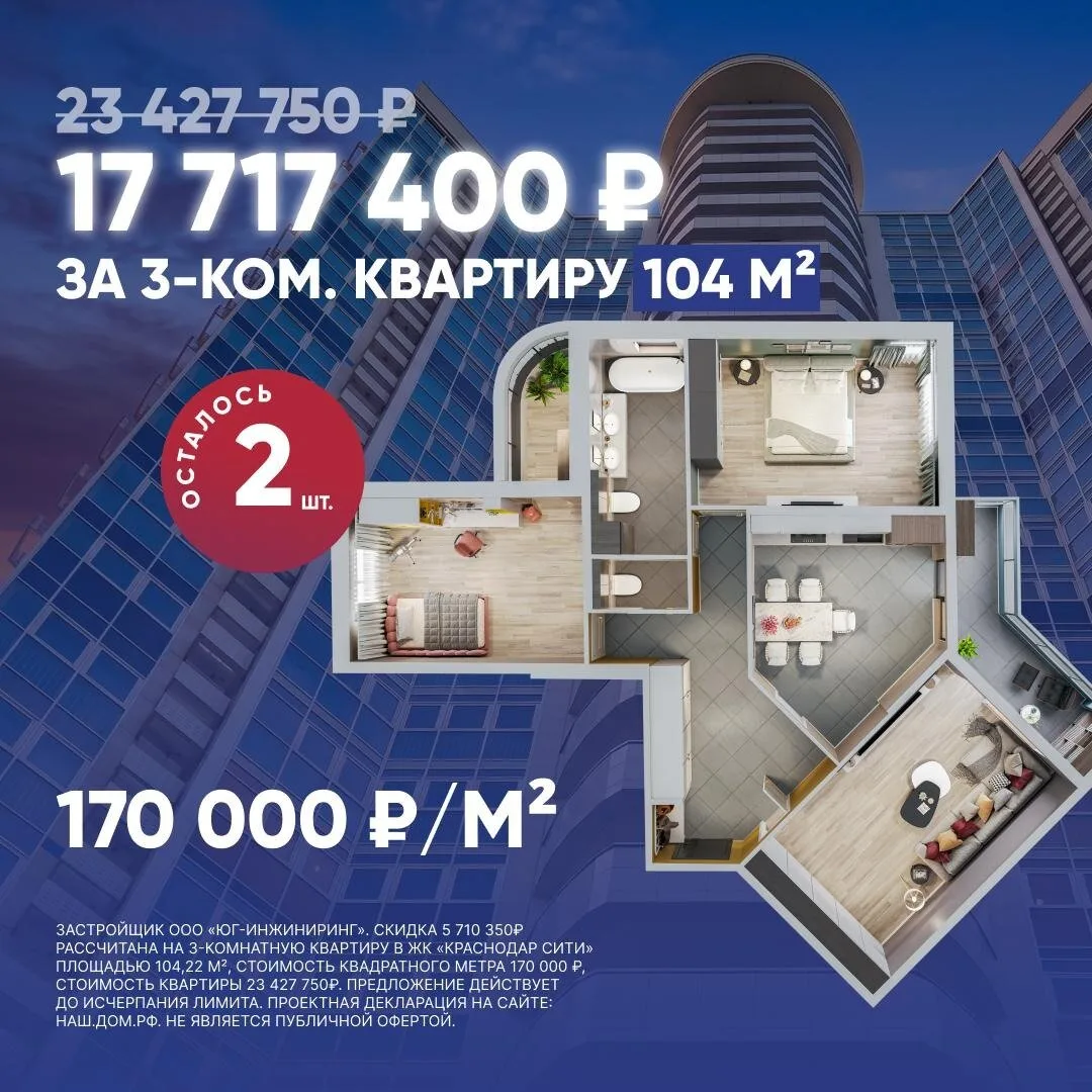 ЖК Краснодар Сити: последние квартиры с супервыгодой!

Трехкомнатные квартиры площадью 104 м² в само