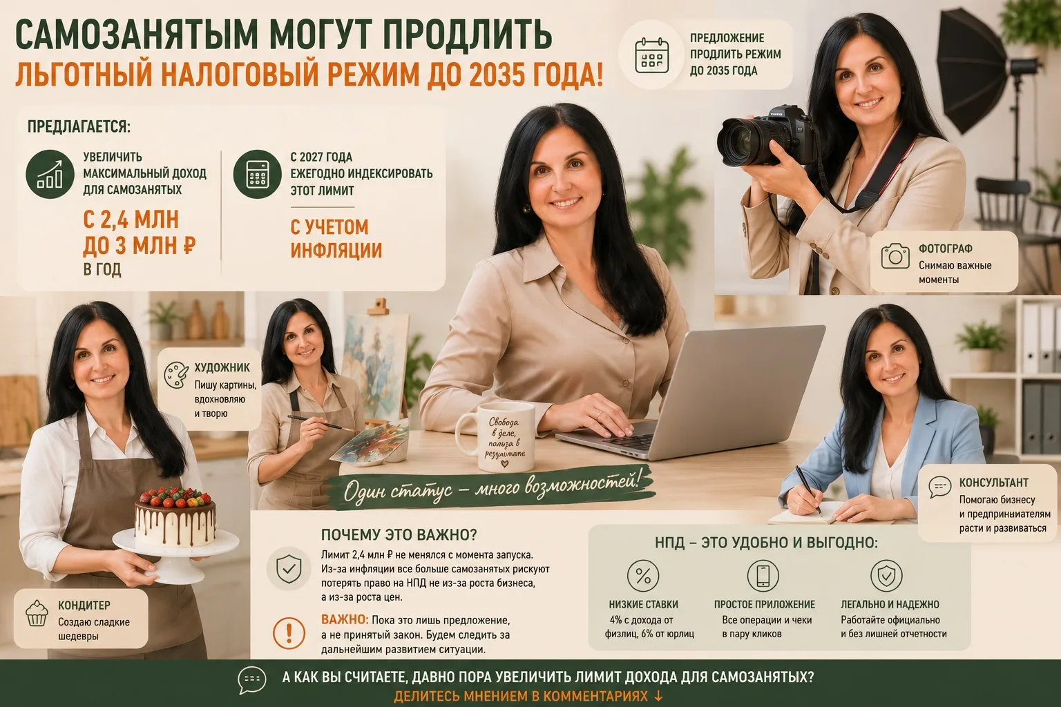 📢 Самозанятым могут продлить льготный налоговый режим до 2035 года

Появилась инициатива продлить д
