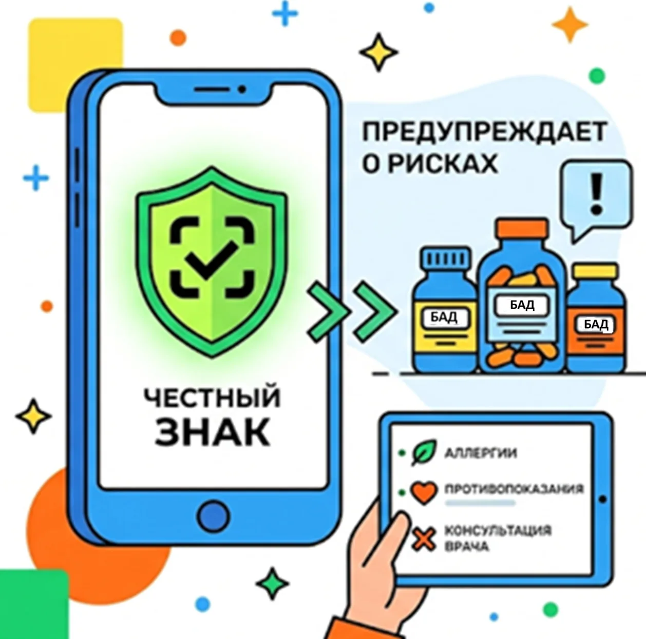 ⚠️ «Честный ЗНАК» научат предупреждать о рисках при приеме БАДов

Система маркировки «Честный ЗНАК» 