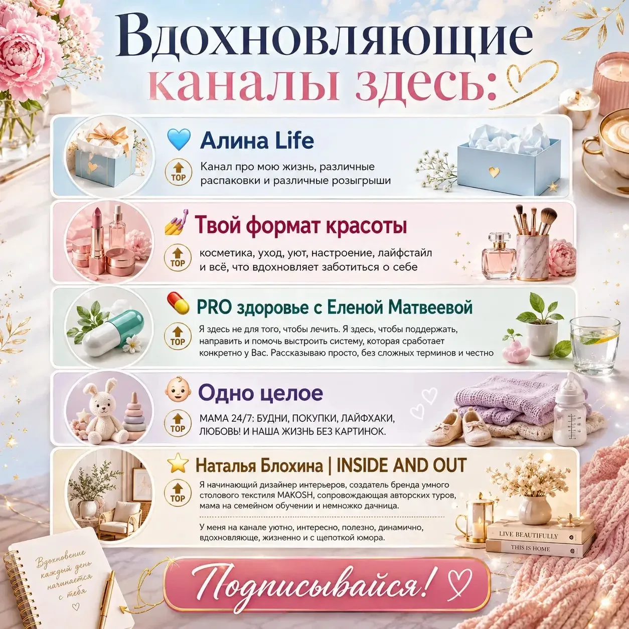 Вдохновляющие каналы здесь:

🩵Алина Life 

   🔝 Канал про мою жизнь , различные распаковки и разли